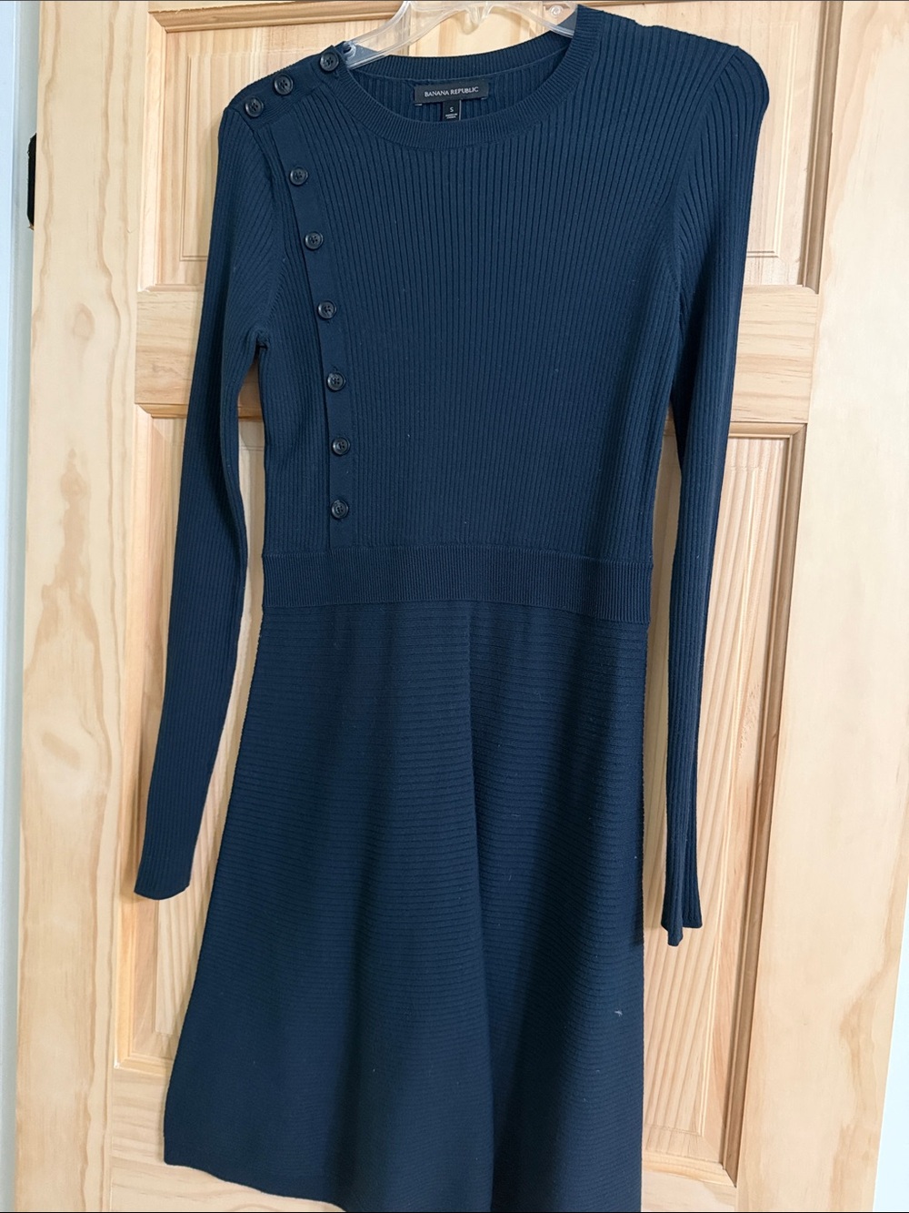 Banana Republic Navy Ribbed Long-Sleeve Knit Dress with Button Accent